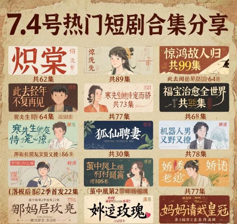 名称：7.4号热门短剧合集分享描述：炽棠 共62集/惊鸿故人归 共89集/此去经年不复再见 共64集/福宝治愈全世界 共83集/寒先生他恃宠而骄 共75集/狐仙聘妻 共30集/机器人男友又野又撩 共68集/娇诱 共78集/茧中凰第2季首发22集/落榜后我觉醒听劝系统 共86集/那家伙是老千 共75集/老祖在上带全村致富 共103集/扑向玫瑰 共77集/亲妈是福星终得圆满 共25集/妈妈请戴皇冠 共47集/美人局浮生烬 共80集链接：