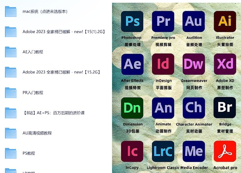 名称：Adobe全家桶合集-MAC系统+Windows系统+教程-PS、PR、LR、AE、AU、AI PDF等等描述：软件+课程 PS、PR、LR、AE、AU、AI等等内容过多不在注释链接：