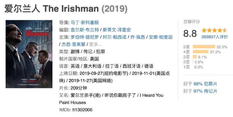 名称：爱尔兰人（高码）.2019.1080P.中英双字【豆瓣8.8】描述：《爱尔兰人》为马丁·斯科塞斯执导的传奇巨制，罗伯特·德尼罗、阿尔·帕西诺和乔·佩西主演