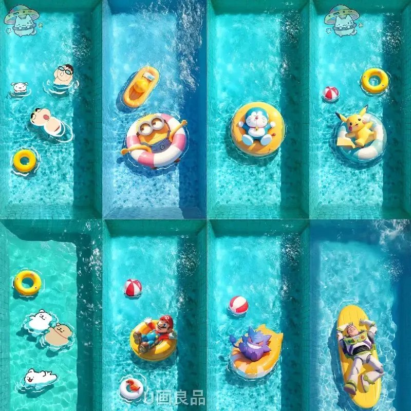 《马里奥 多拉A梦 宝可梦 小黄人 可爱泳池 壁纸画合集》夏日清凉主题，多款人气角色齐聚泳池，色彩鲜艳画面充满欢乐与童趣，适合装饰与收藏