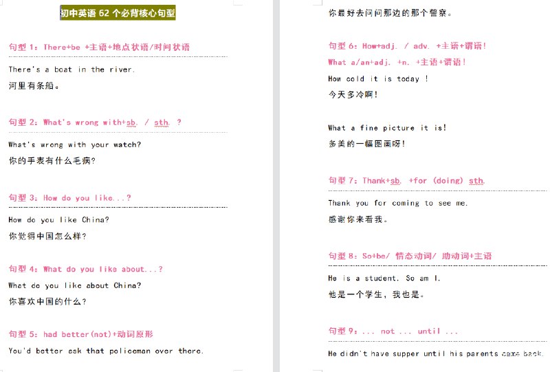 《中考英语62个必背核心句型+复习资料》精选必背核心句型，搭配高效复习资料，助力考生快速掌握考点，提升应试能力，冲刺英语高分！️ #中考英语 #必背句型 #复习资料 #考试宝典 #学习助手 2025-08-20 01:31:13🔗 